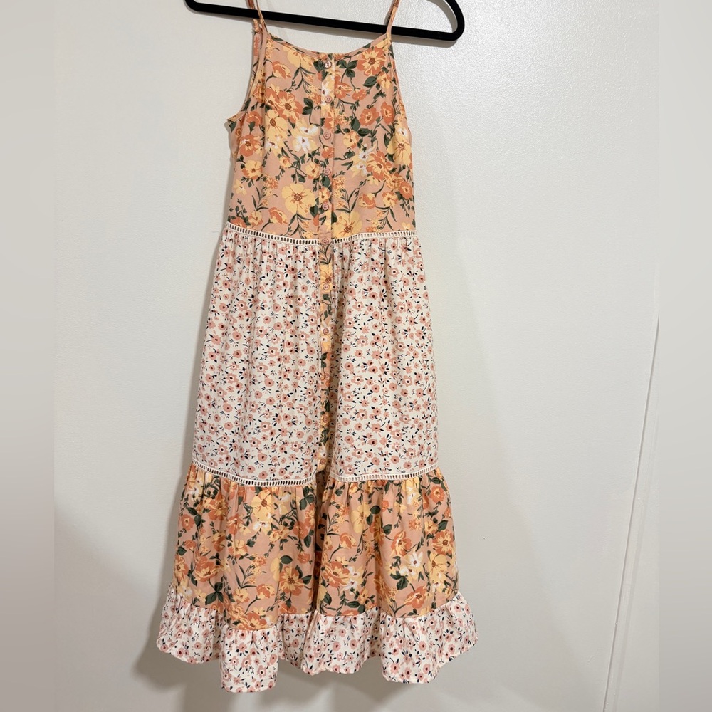 Floral Cottage core Prairie Peasant Tiered Midi Dress size Small Buttons Spring